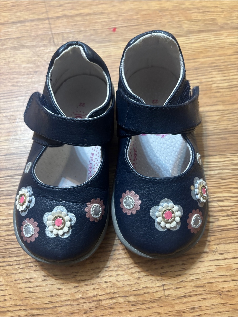 Girls Navy Floral Mary Jane Dress Shoes with Hook-and-Loop Strap